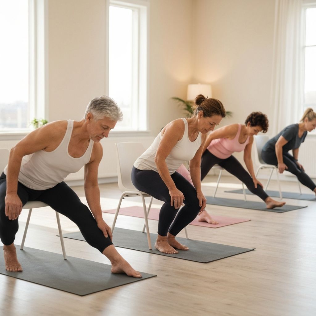 Chair yoga class with participants using chairs for support